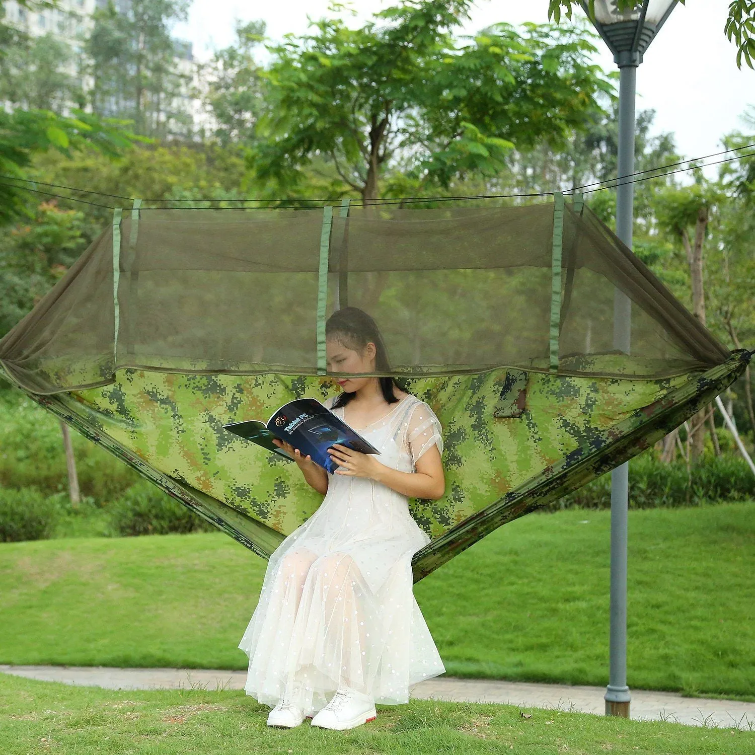 2 Persons Hammock 600LBS Max Load with Mosquito Net Outdoor Hiking Camping Hommock Portable Nylon Swing Hanging Bed