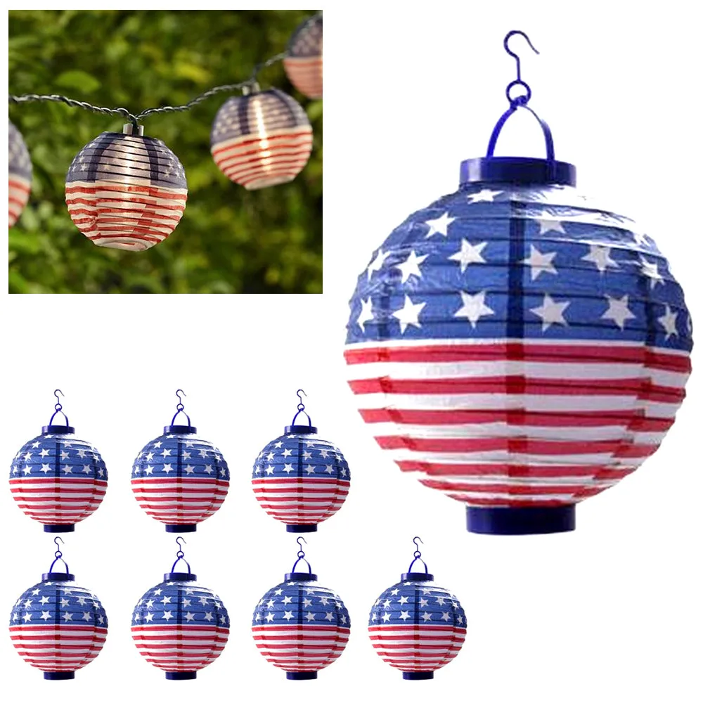 8 USA Flag Lanterns American Yard Lights LED Round 4th July Party Decoration 8"