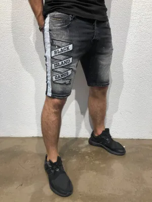 Black Patched Side Striped Slim Fit Denim Short B168 Streetwear Denim Shorts