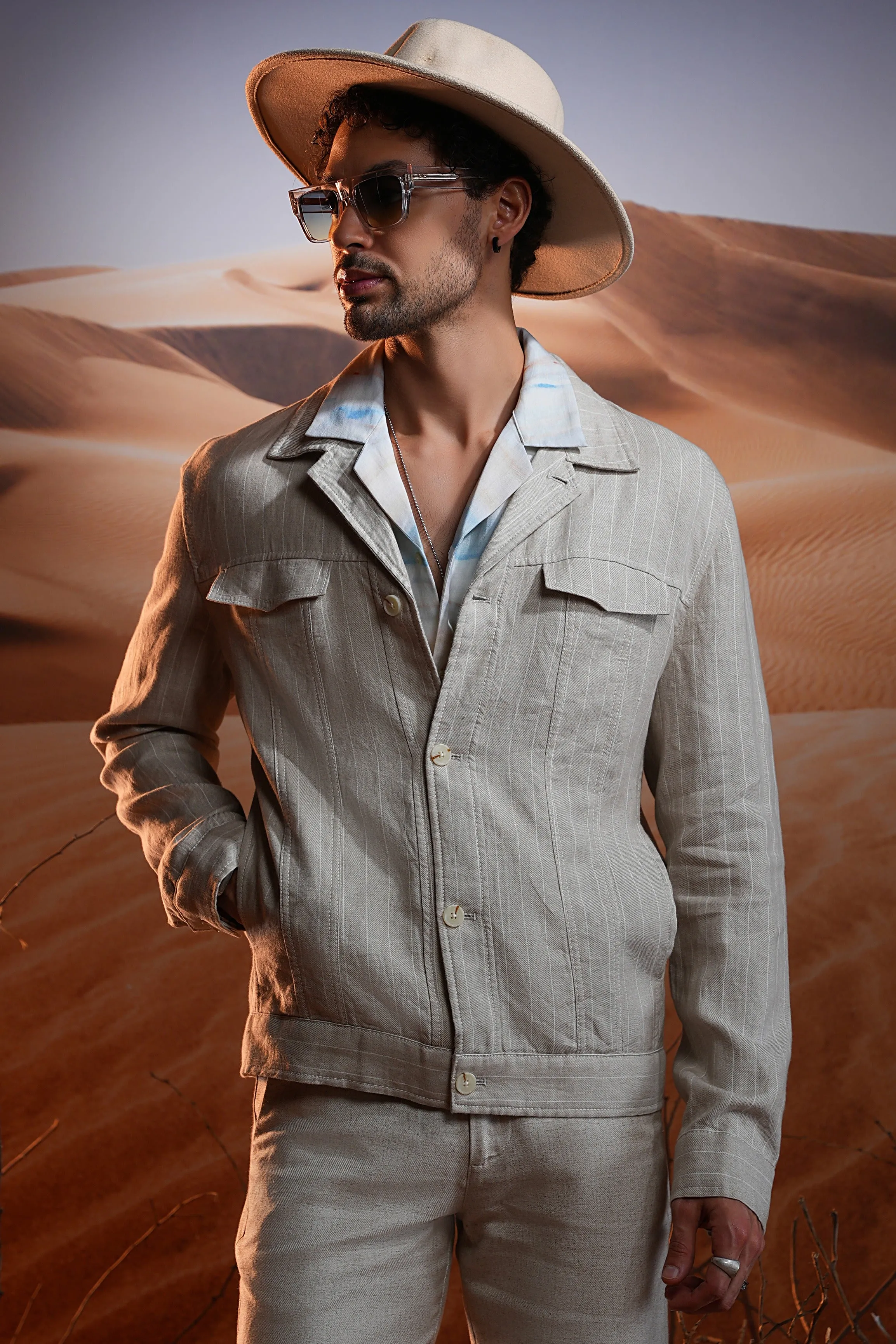 Fardeen Khan in Natural Chalk Stripe Linen Cuban Jacket