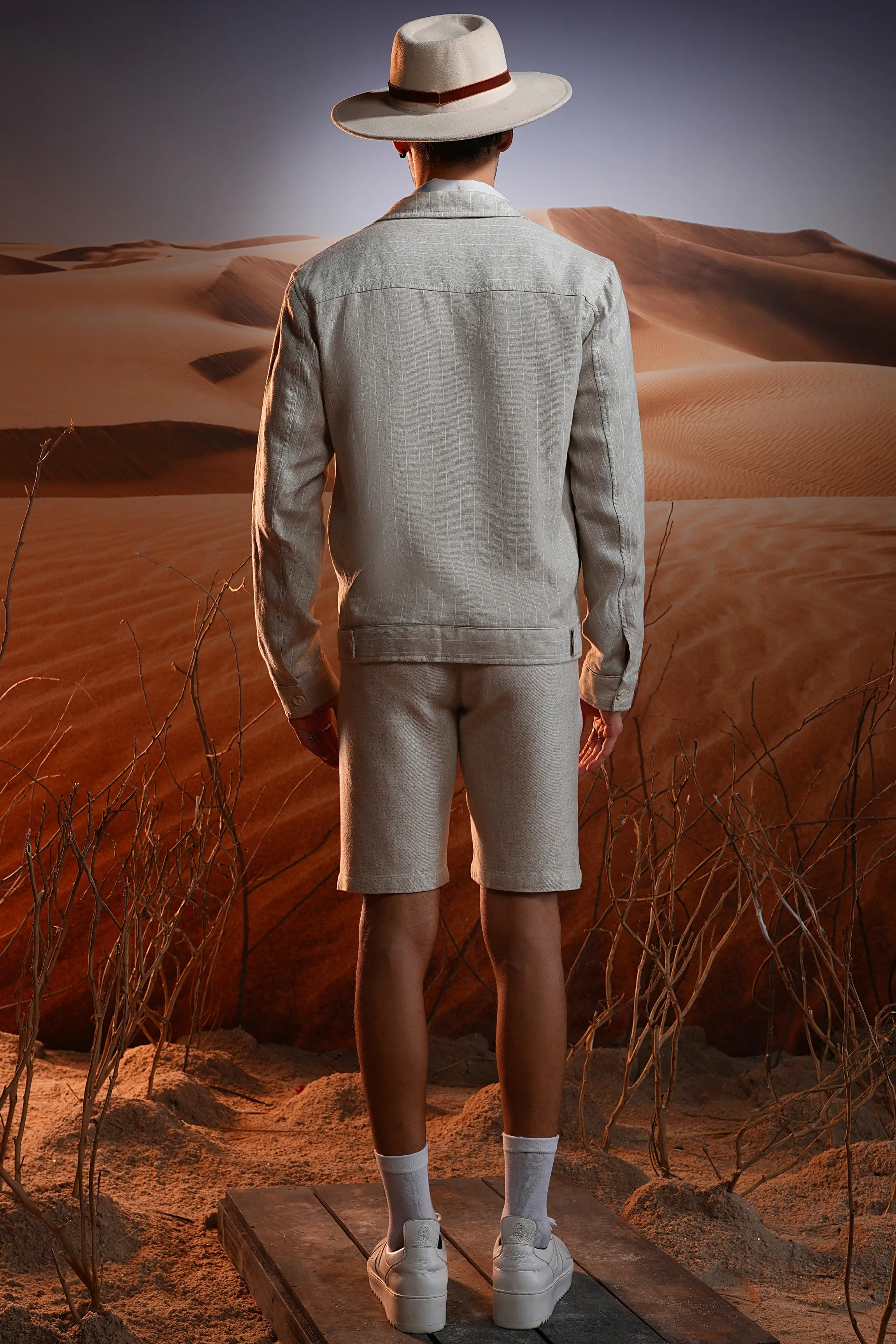 Fardeen Khan in Natural Chalk Stripe Linen Cuban Jacket