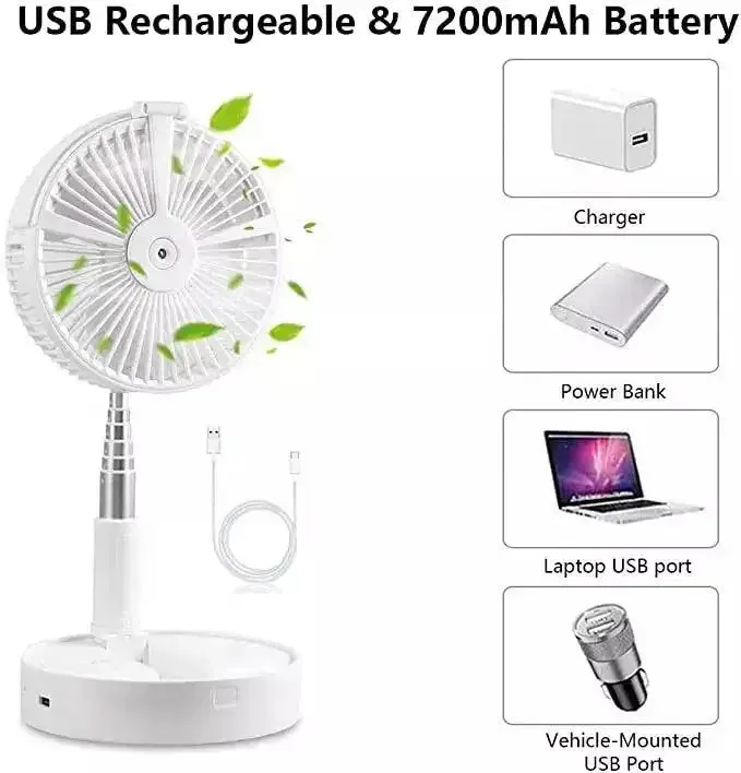 Folding Portable Rechargeable Travel Fan - Cruise Essentials | Built-in Humidifier | 185 Oscillation | Remote Control | Rechargeable Battery