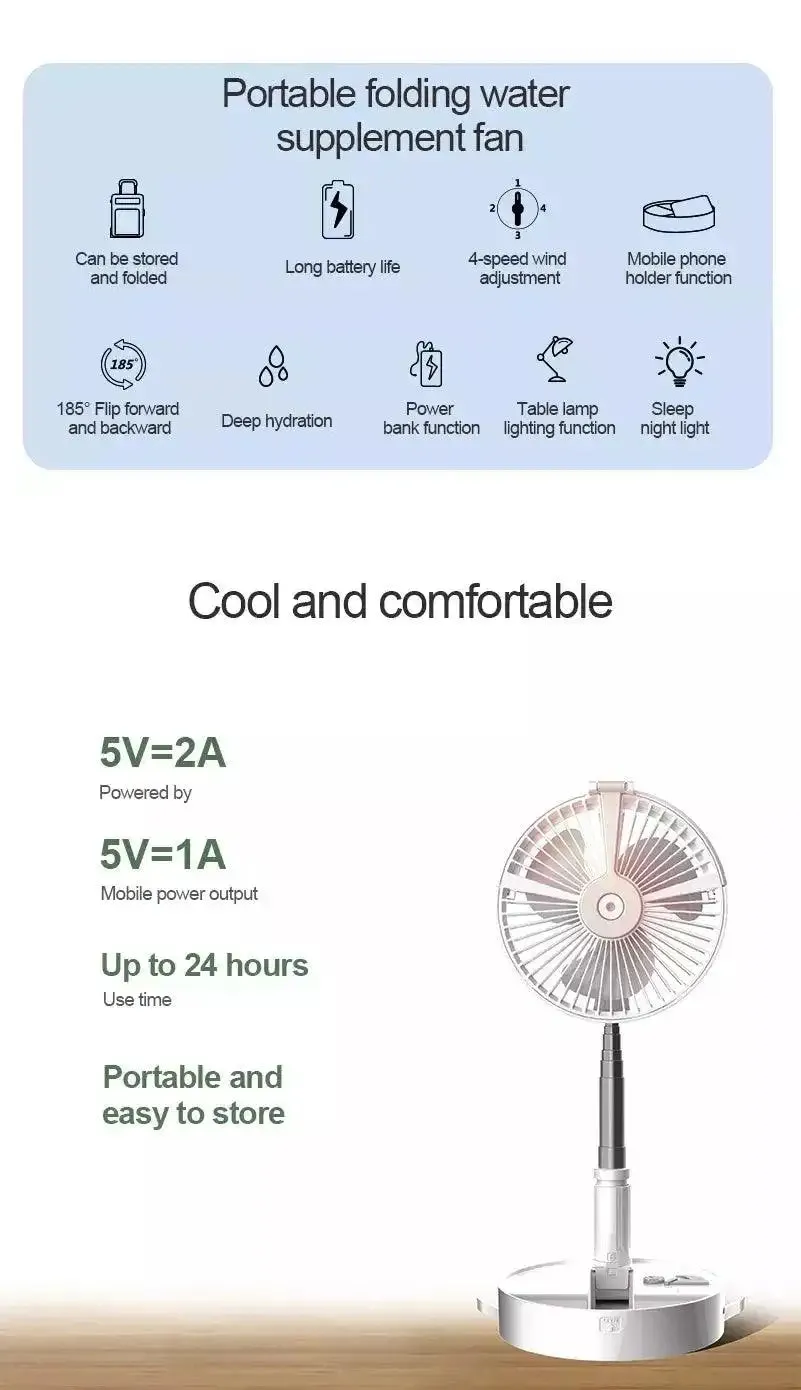 Folding Portable Rechargeable Travel Fan - Cruise Essentials | Built-in Humidifier | 185 Oscillation | Remote Control | Rechargeable Battery
