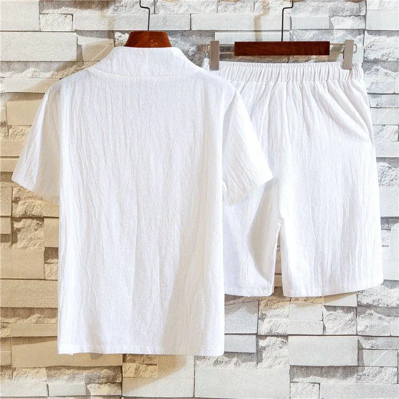 Men's Breathable Linen Home Sets Summer Short Sleeve Tops Drawstring Shorts