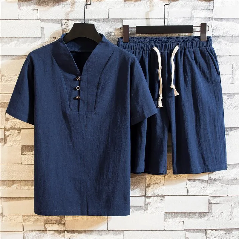Men's Breathable Linen Home Sets Summer Short Sleeve Tops Drawstring Shorts