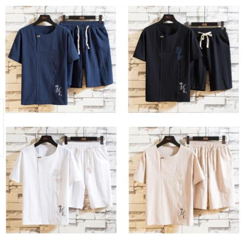 Men's Breathable Linen Home Sets Summer Short Sleeve Tops Drawstring Shorts