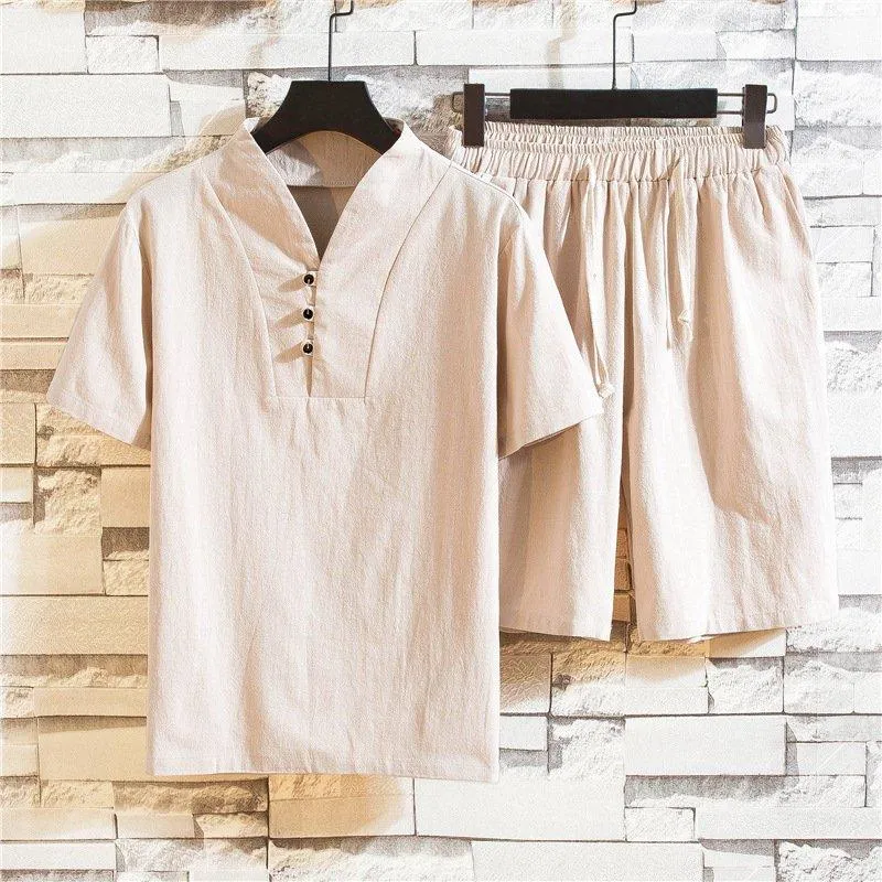 Men's Breathable Linen Home Sets Summer Short Sleeve Tops Drawstring Shorts