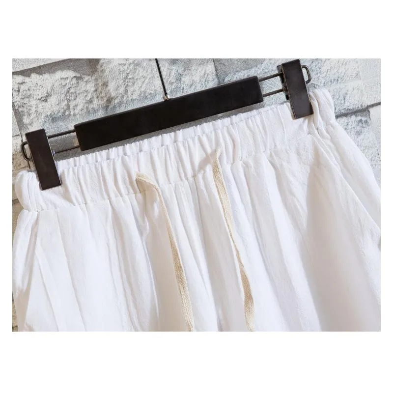 Men's Breathable Linen Home Sets Summer Short Sleeve Tops Drawstring Shorts