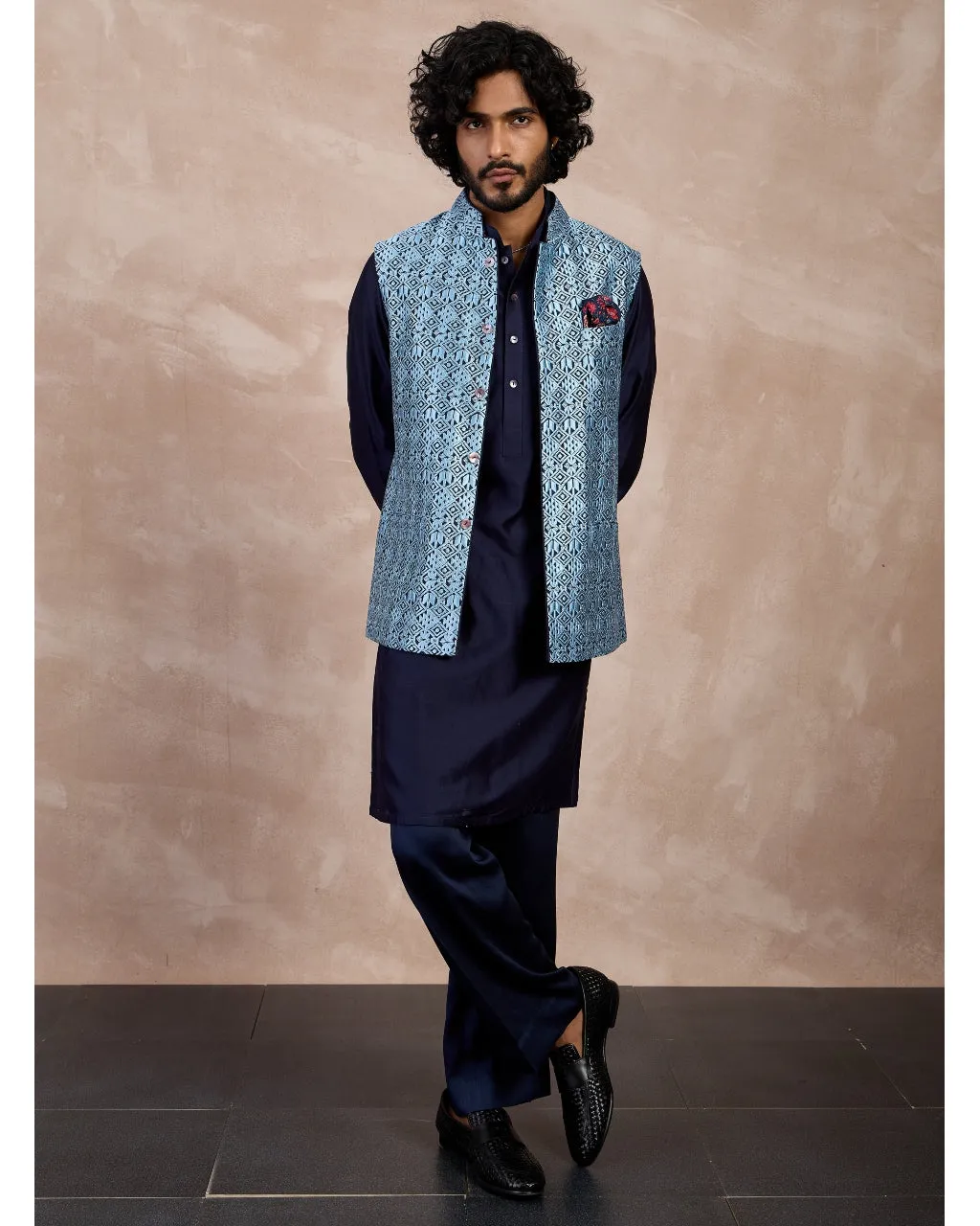 Navy Plain Chanderi Silk Straight Kurta Set