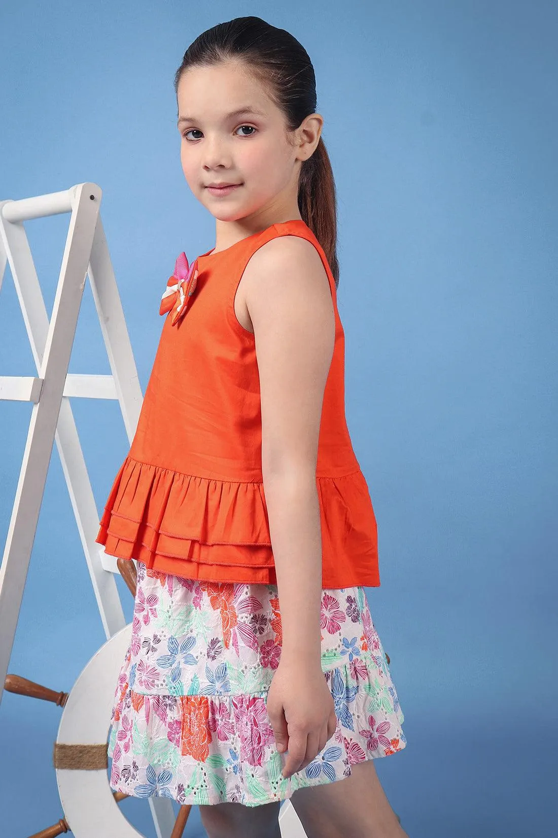One Friday Kids Girls Orange 100% Cotton Round Neck Peplum Top