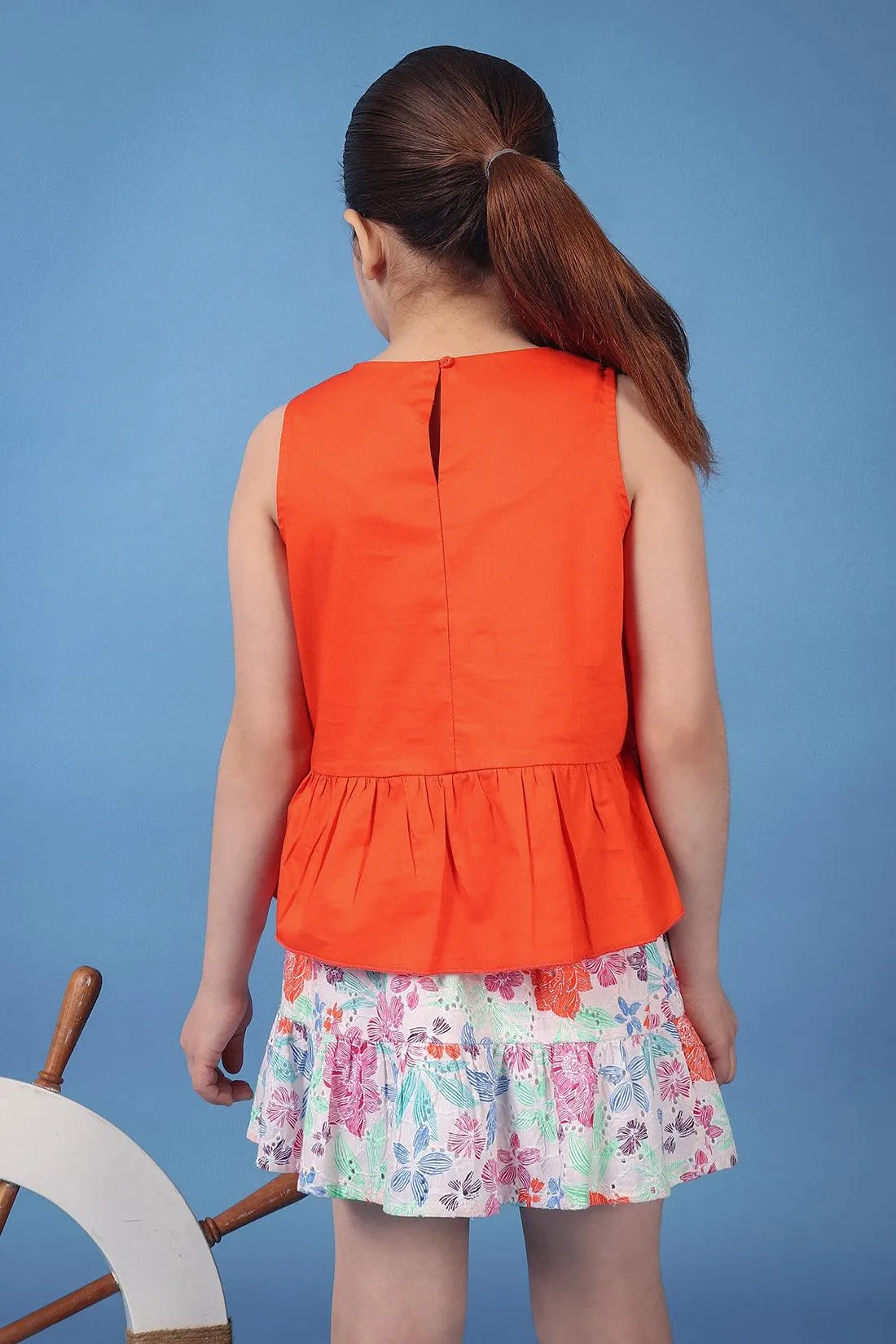 One Friday Kids Girls Orange 100% Cotton Round Neck Peplum Top