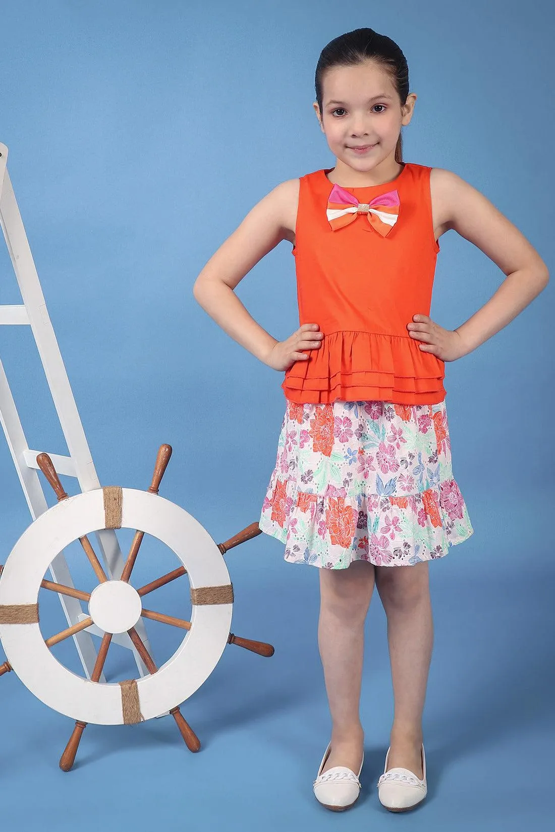 One Friday Kids Girls Orange 100% Cotton Round Neck Peplum Top