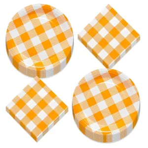Orange & White Buffalo Plaid Fall Checkered Paper Dinner Plates and Lunch Napkins (Serves 16)