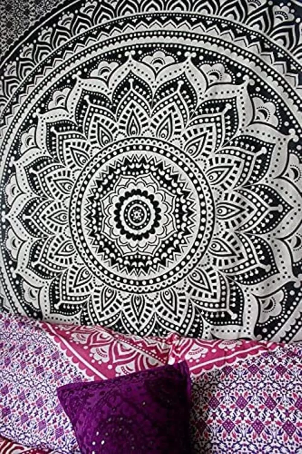 Traditional Mandala Hippie Wall Hanging, Cotton Ombre Tapestry (Grey/Black)