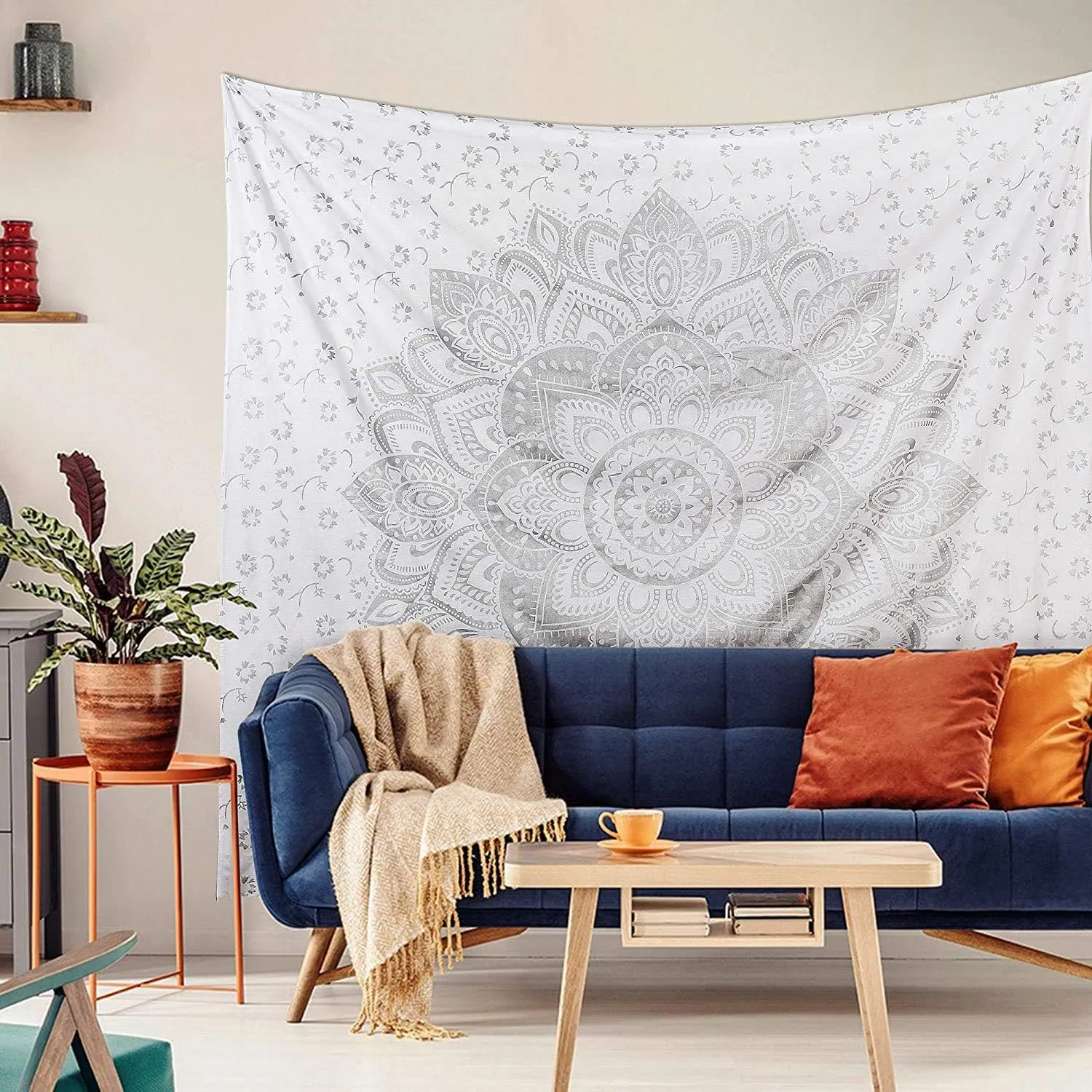 Traditional Mandala Hippie Wall Hanging, Cotton Ombre Tapestry (Grey/Silver Flower)