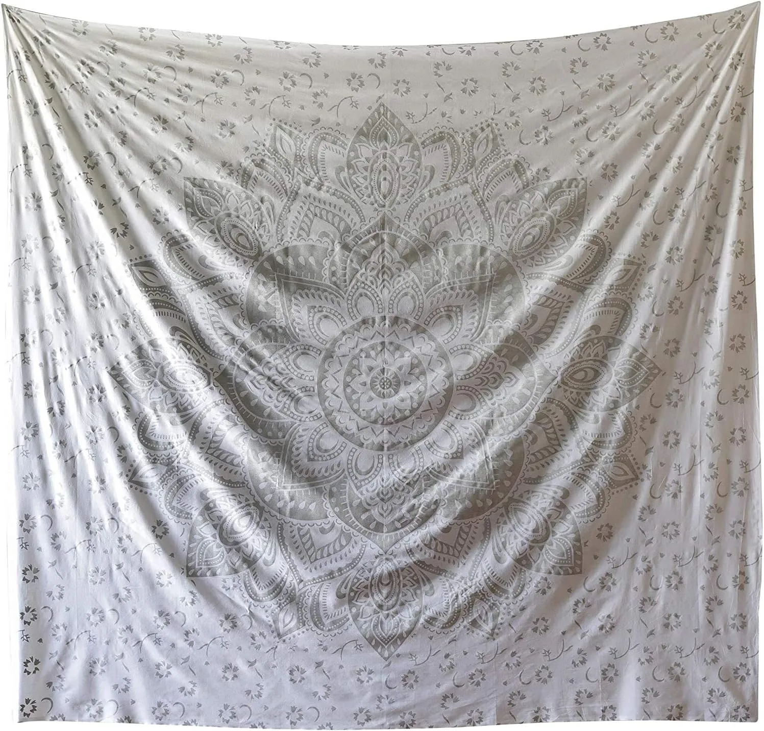 Traditional Mandala Hippie Wall Hanging, Cotton Ombre Tapestry (Grey/Silver Flower)